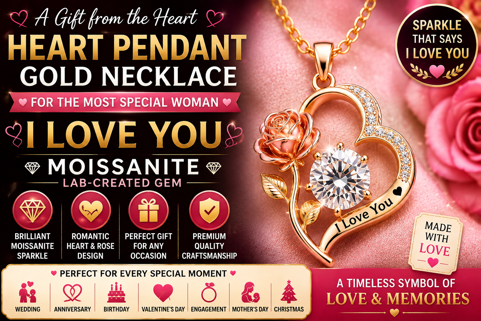 Heart Pendant Gold Necklace for Women Moissanite Lab-Created Gem Review