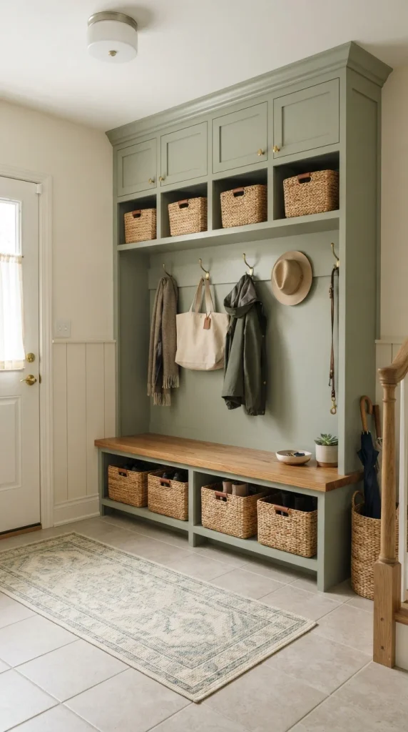 Add Woven Baskets to Green Built-Ins