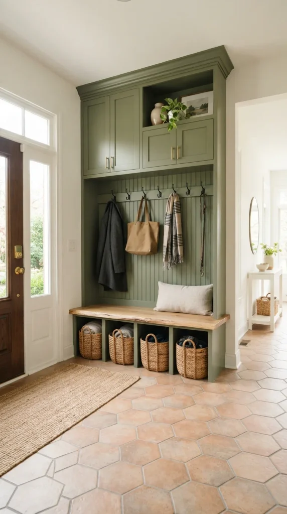 Combine Green Cabinets With a Wood Bench
