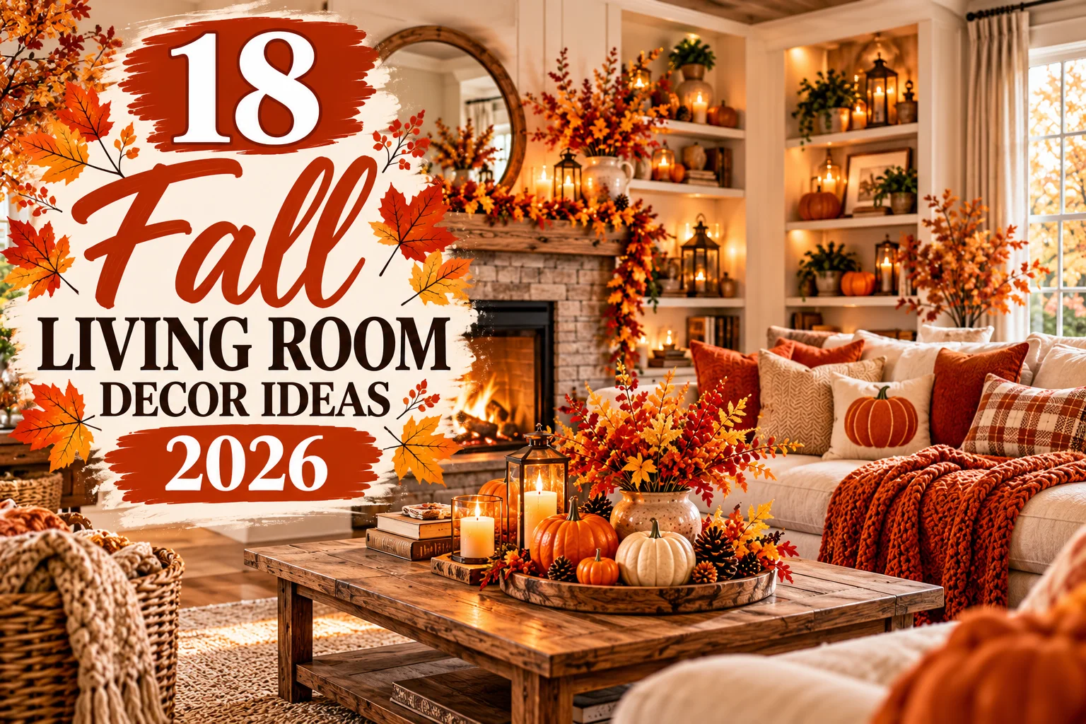 Fall living room with rust pillows, chunky knit throw and pumpkins