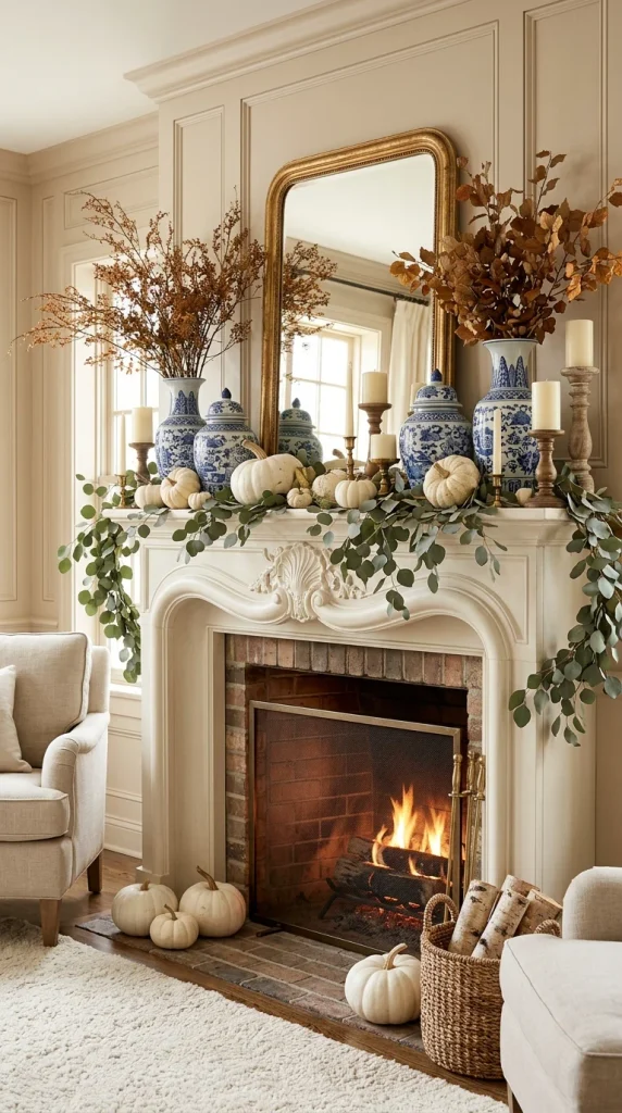 Style a Blue and White Fall Mantel