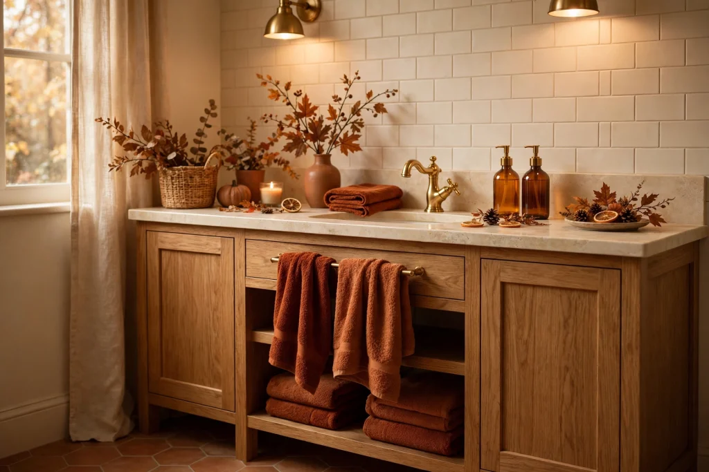 Fall bathroom with rust and terracotta towels and brass faucet
