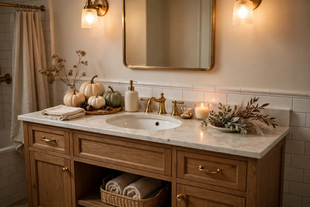 Bathroom vanity with mini cream and sage pumpkins