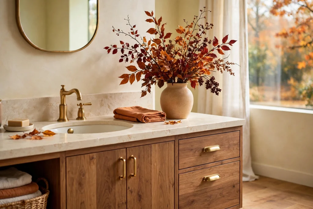 Bathroom vanity with autumn branches in a ceramic vase