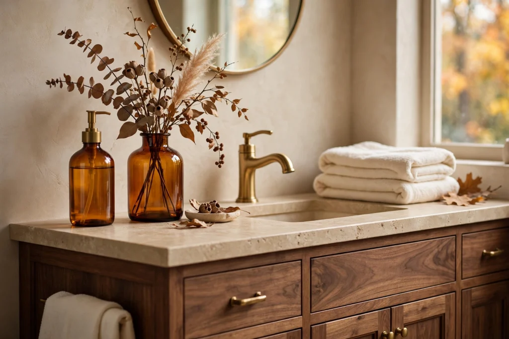Amber glass accessories on a fall bathroom counter