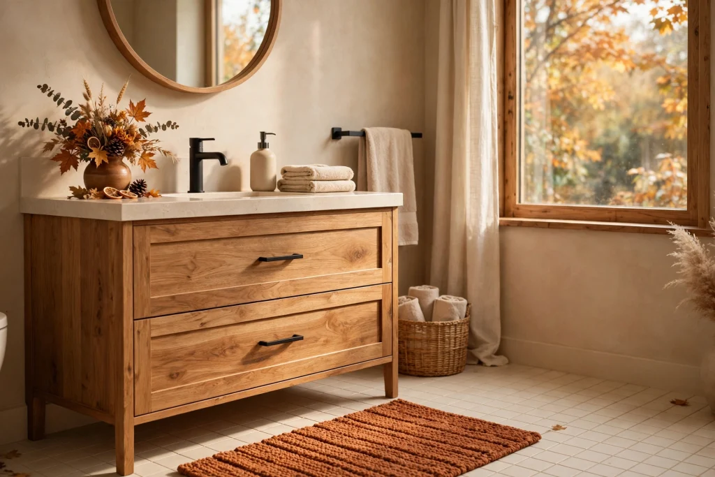 Cozy fall bathroom with textured rust bath mat