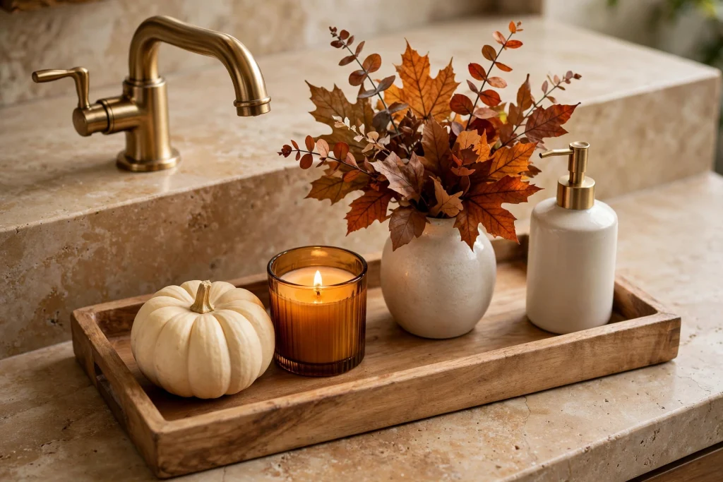 Wooden tray with pumpkin and candle on a bathroom vanity