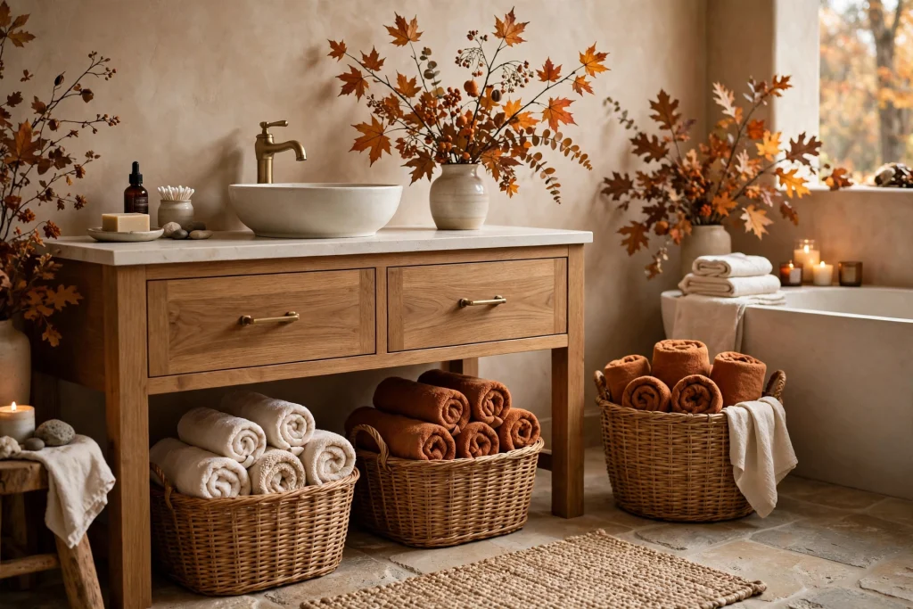 Woven baskets with rolled towels in a fall bathroom
