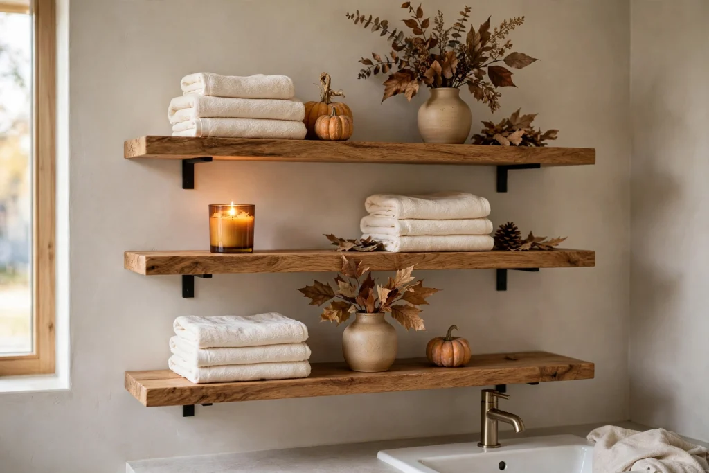 Fall bathroom floating shelves with towels and mini pumpkin