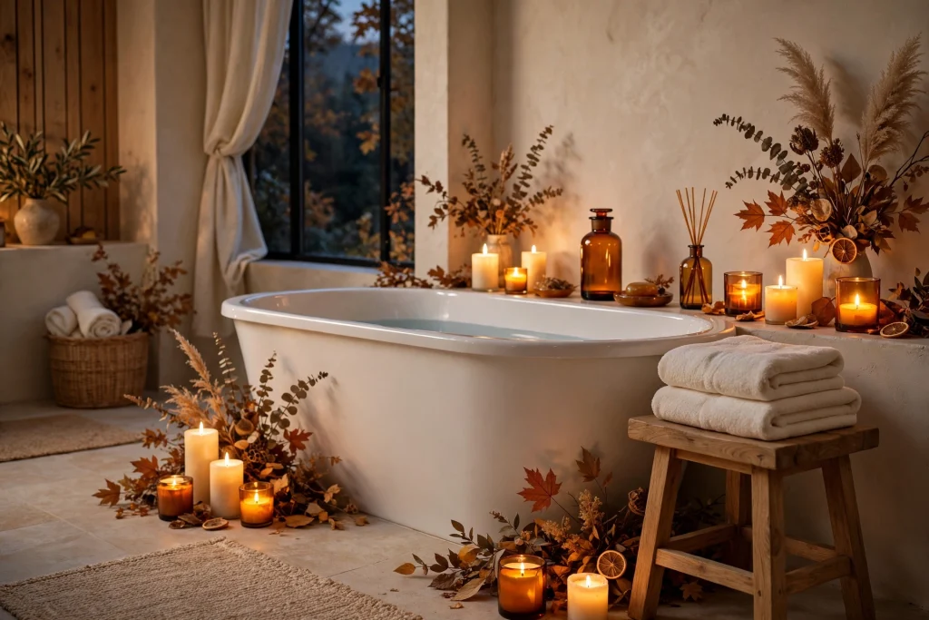 Candles beside a freestanding bathtub for fall