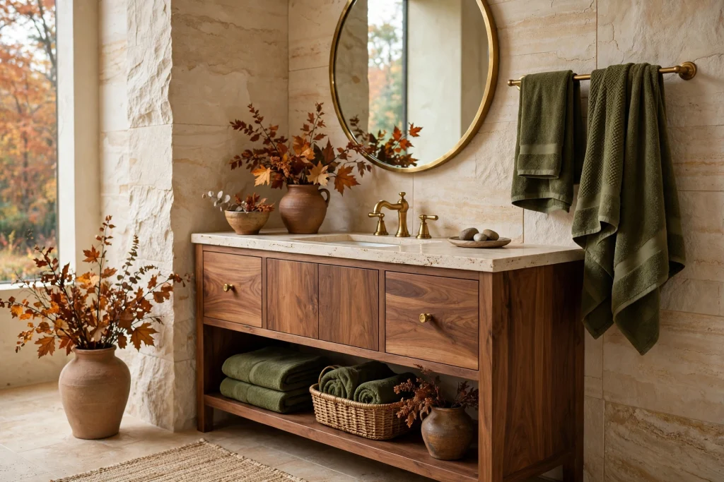 Fall bathroom with olive green towels and walnut vanity