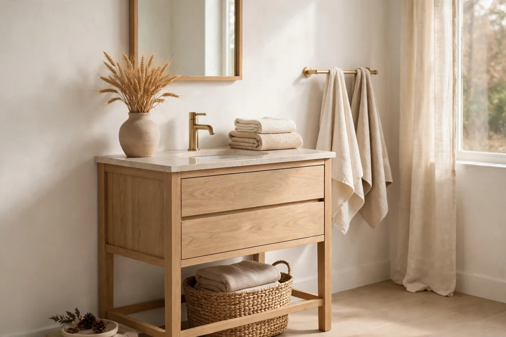 Neutral fall bathroom with dried wheat in a stoneware vase