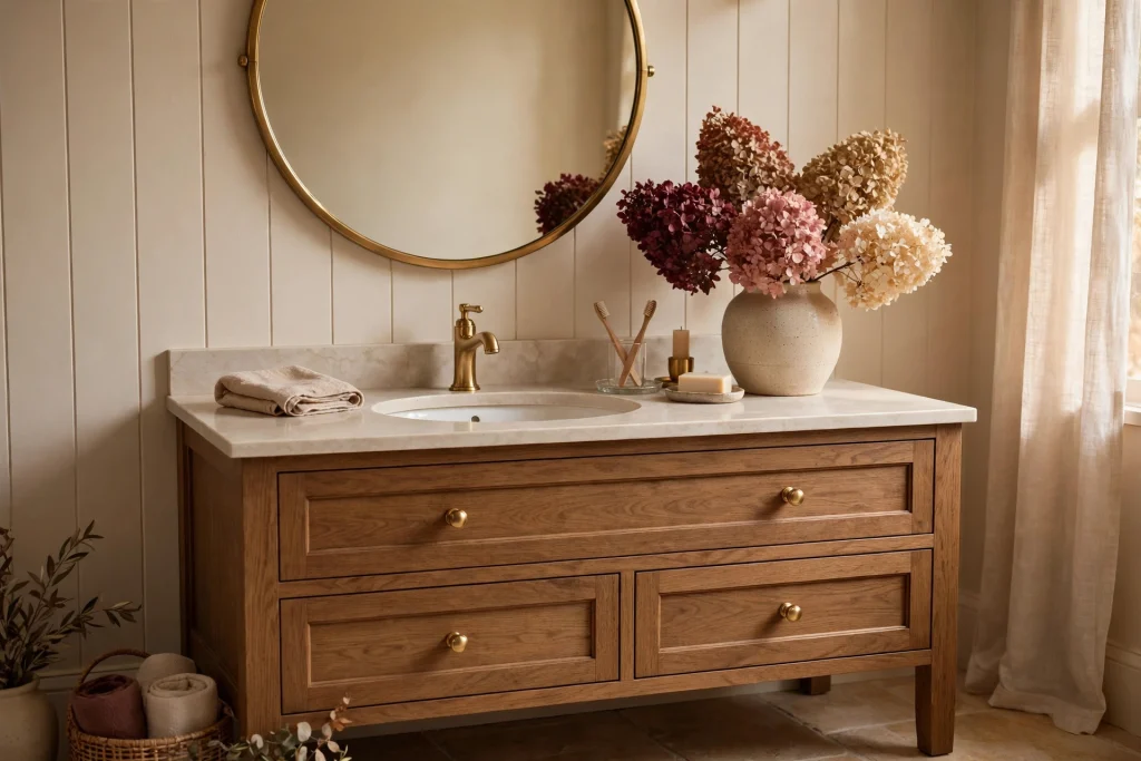 Bathroom vanity with dried hydrangeas and brass mirror