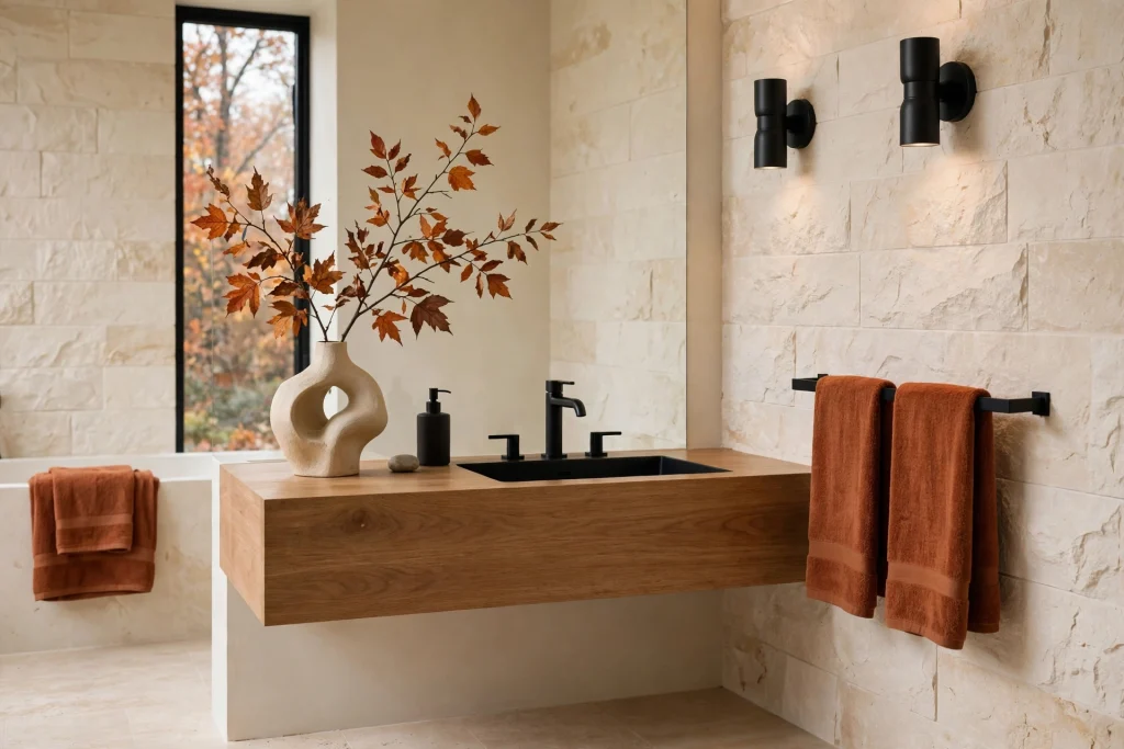 Modern fall bathroom with black fixtures and rust towels