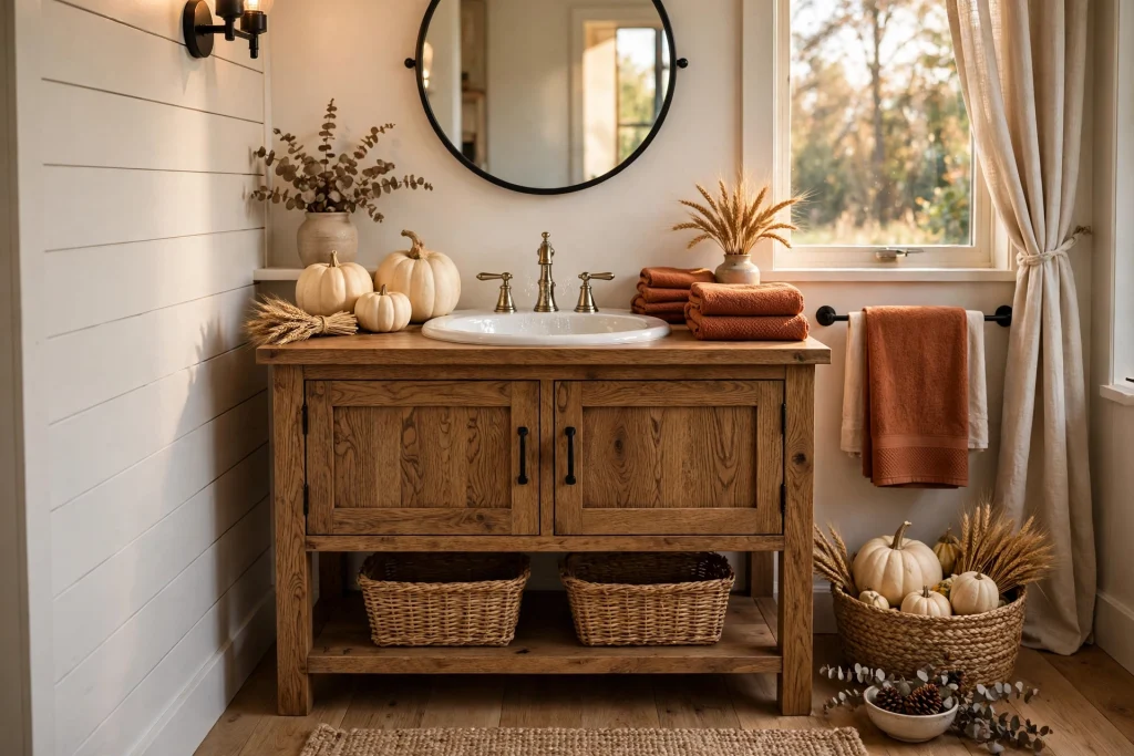 Farmhouse fall bathroom with cream pumpkins and woven baskets