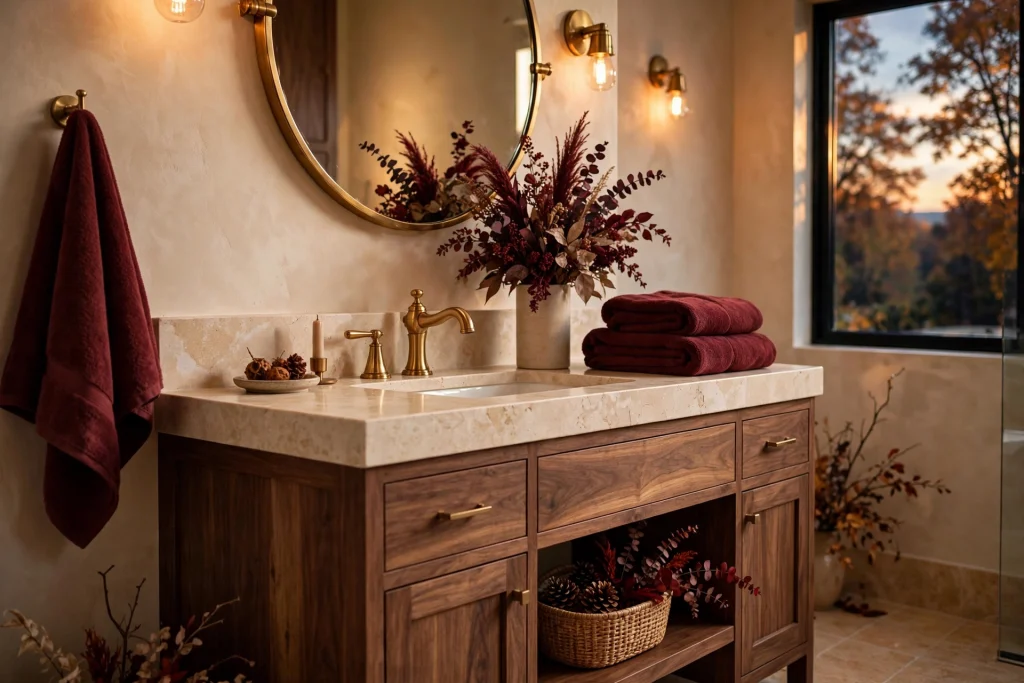 Burgundy and brass fall bathroom palette