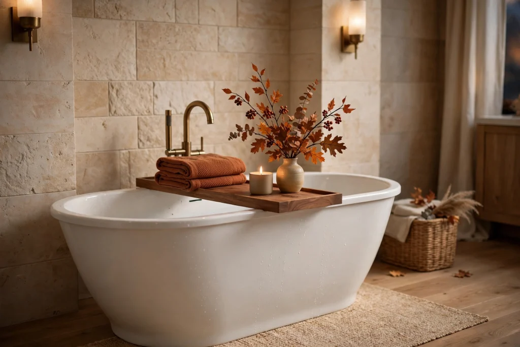Freestanding bathtub styled for fall with wood tray and candle