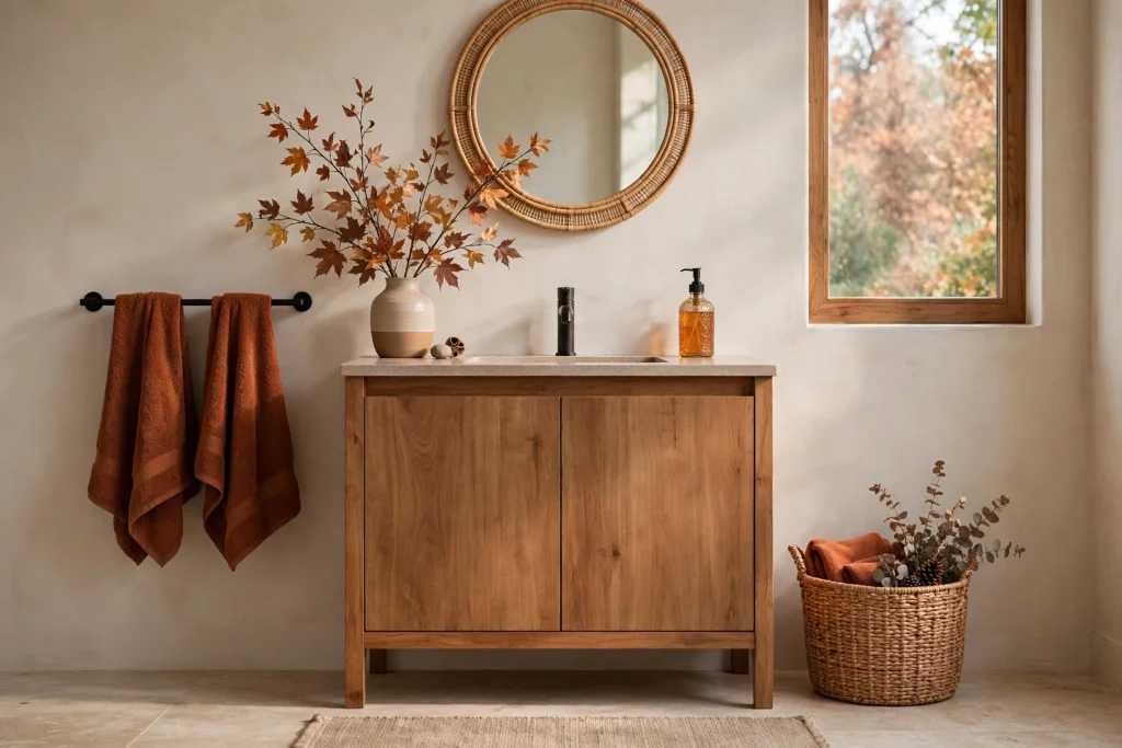 Simple fall bathroom with rust towels and autumn branches