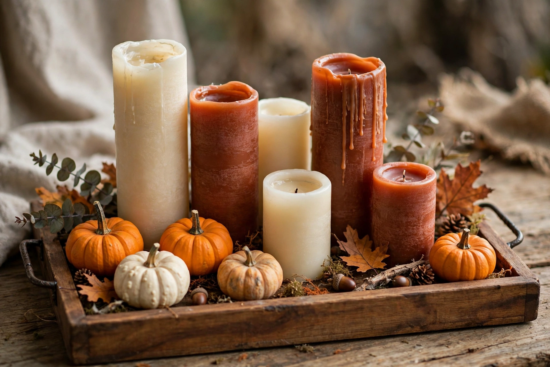 Cluster of pillar candles in different heights on a wooden tray with mini pumpkins and autumn leaves