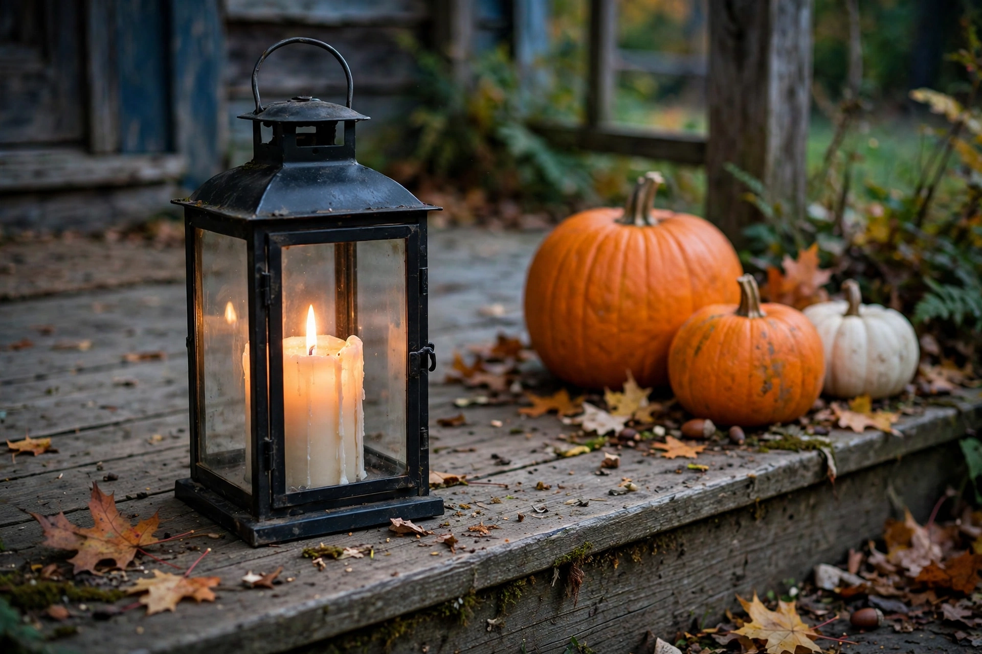 Tall lantern with a glowing pillar candle inside, surrounded by pumpkins and pinecones