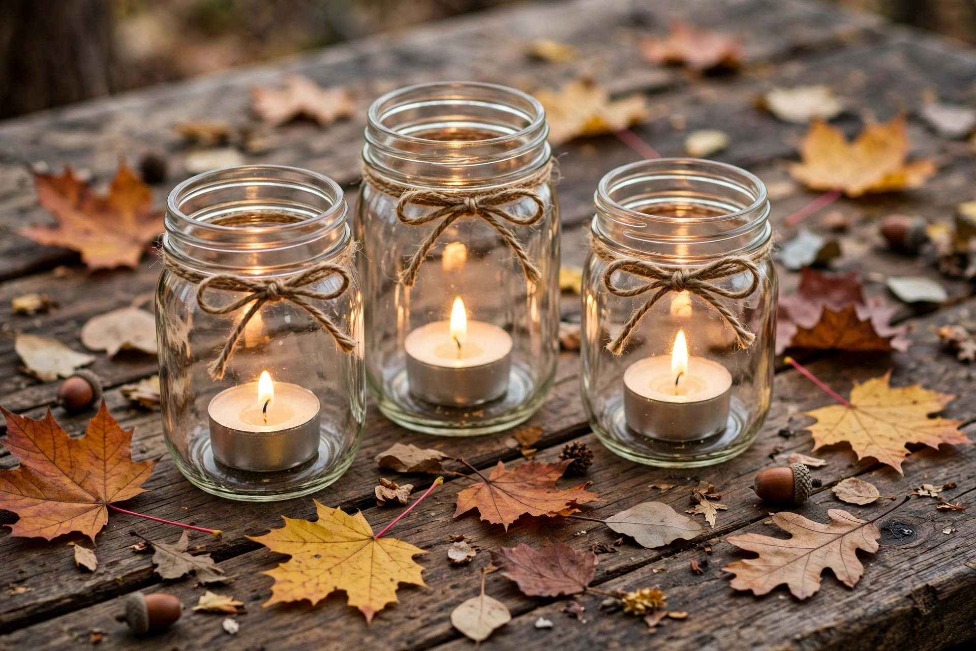 Mason jars filled with tea lights, tied with twine and decorated with cinnamon sticks