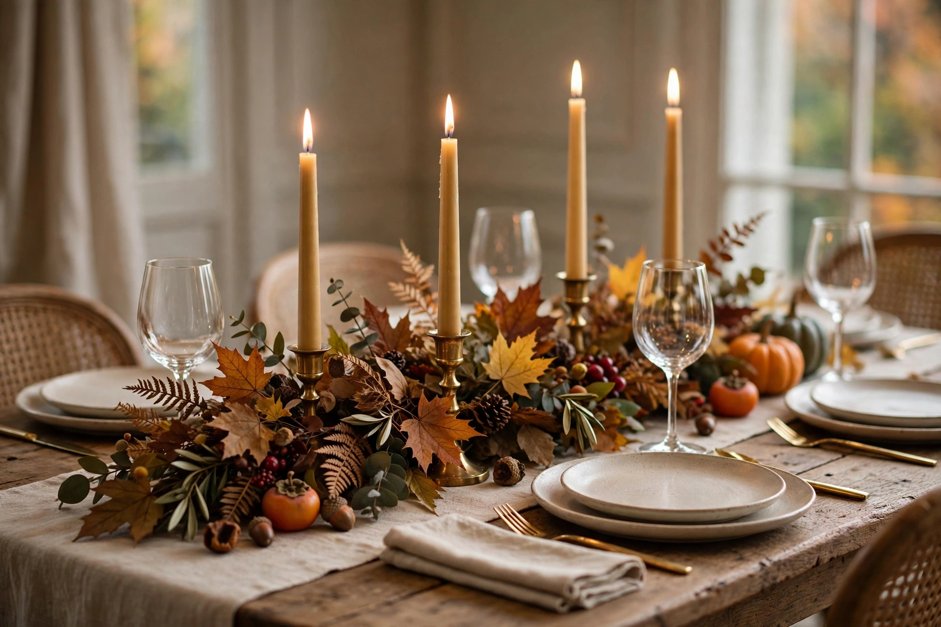 Taper candles in brass holders on a fall dinner table with autumn leaves