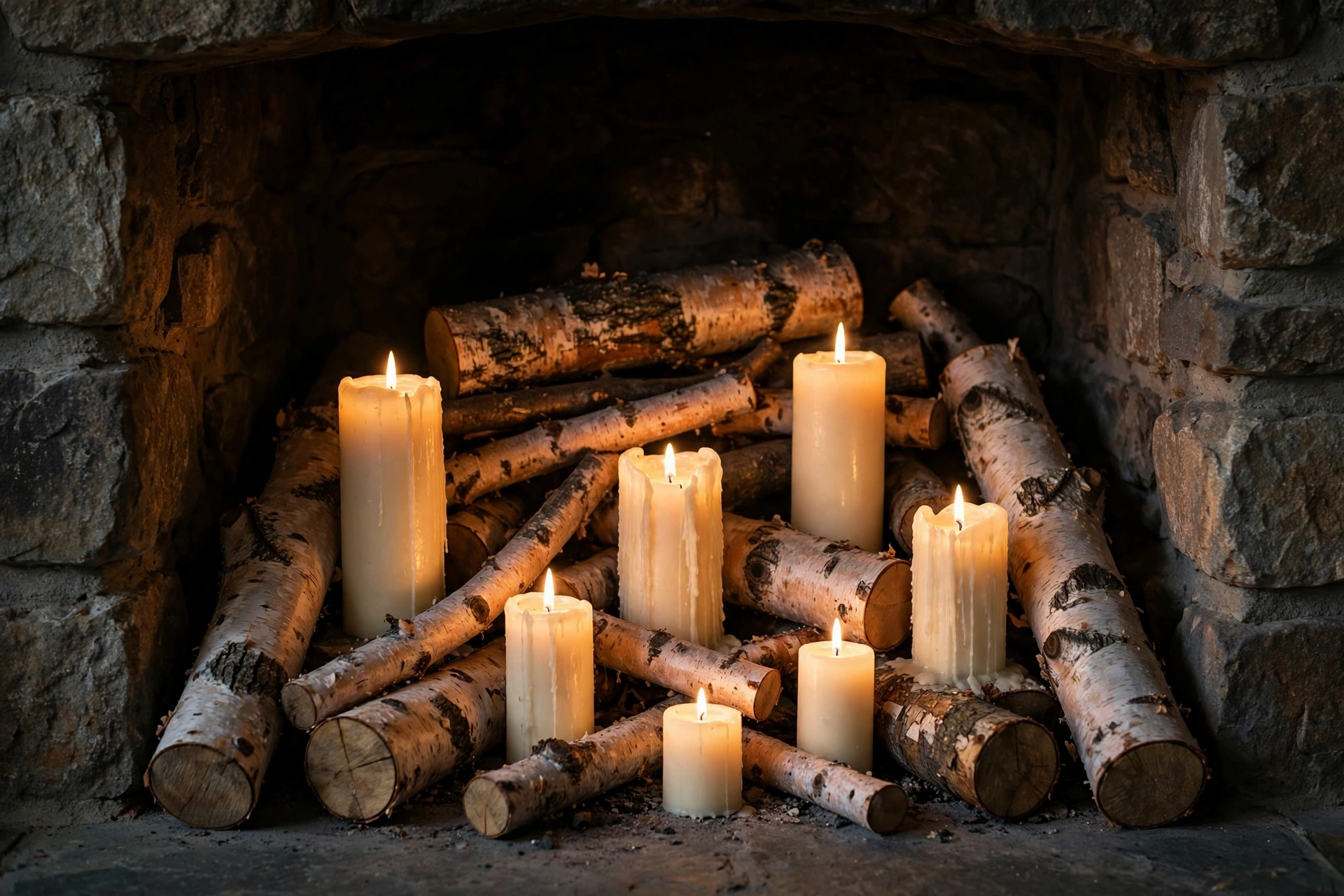 Pillar candles glowing inside an empty fireplace