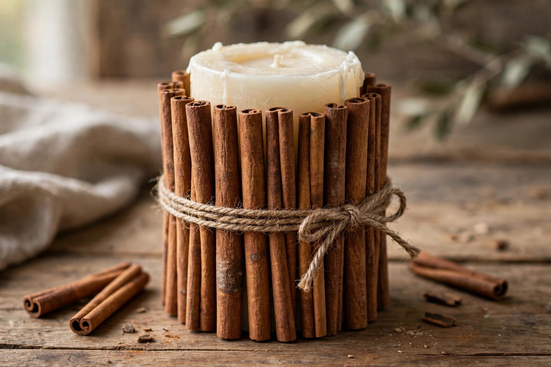 Pillar candle wrapped in cinnamon sticks tied with twine