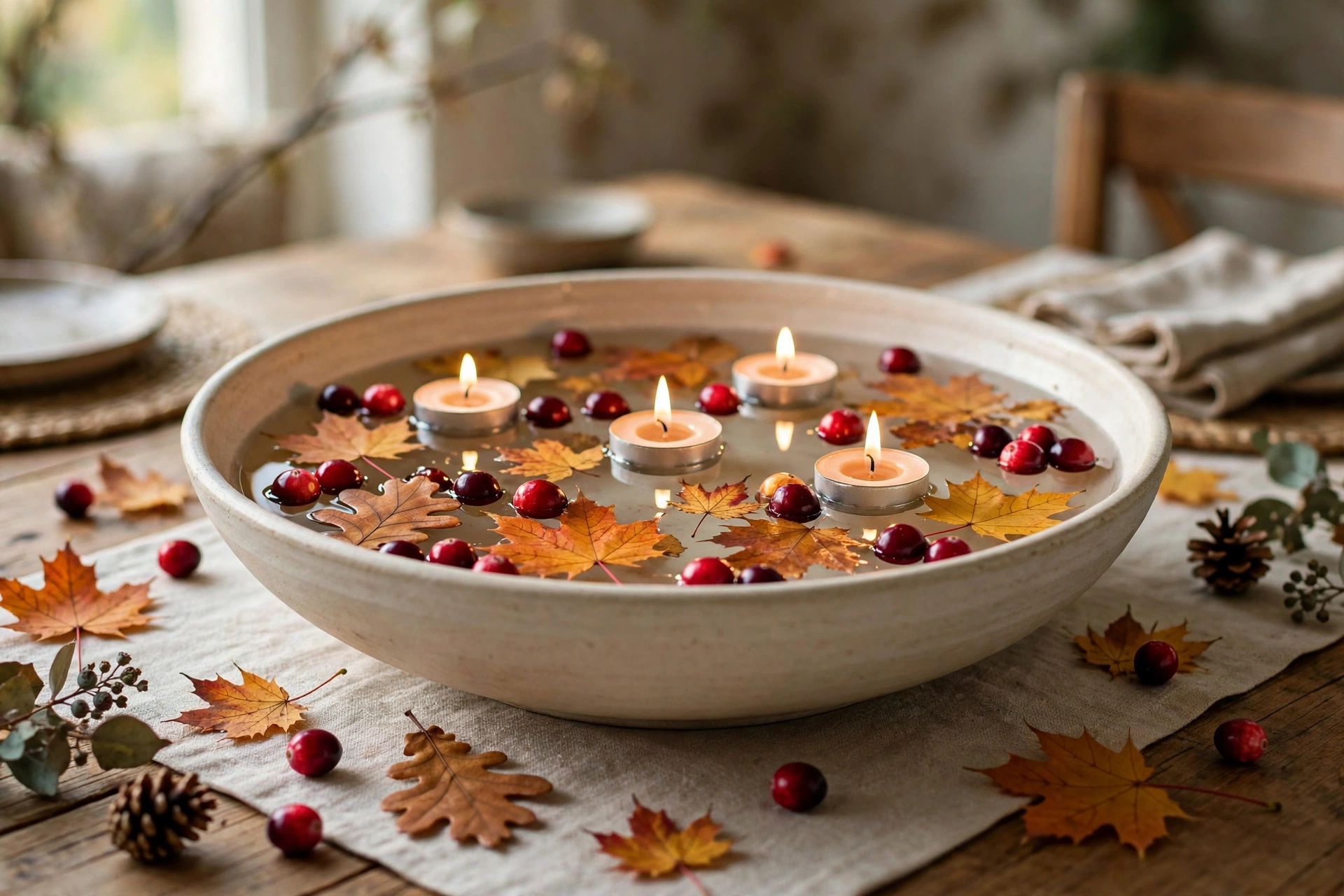 Floating candles in a bowl of water with autumn leaves and cranberries