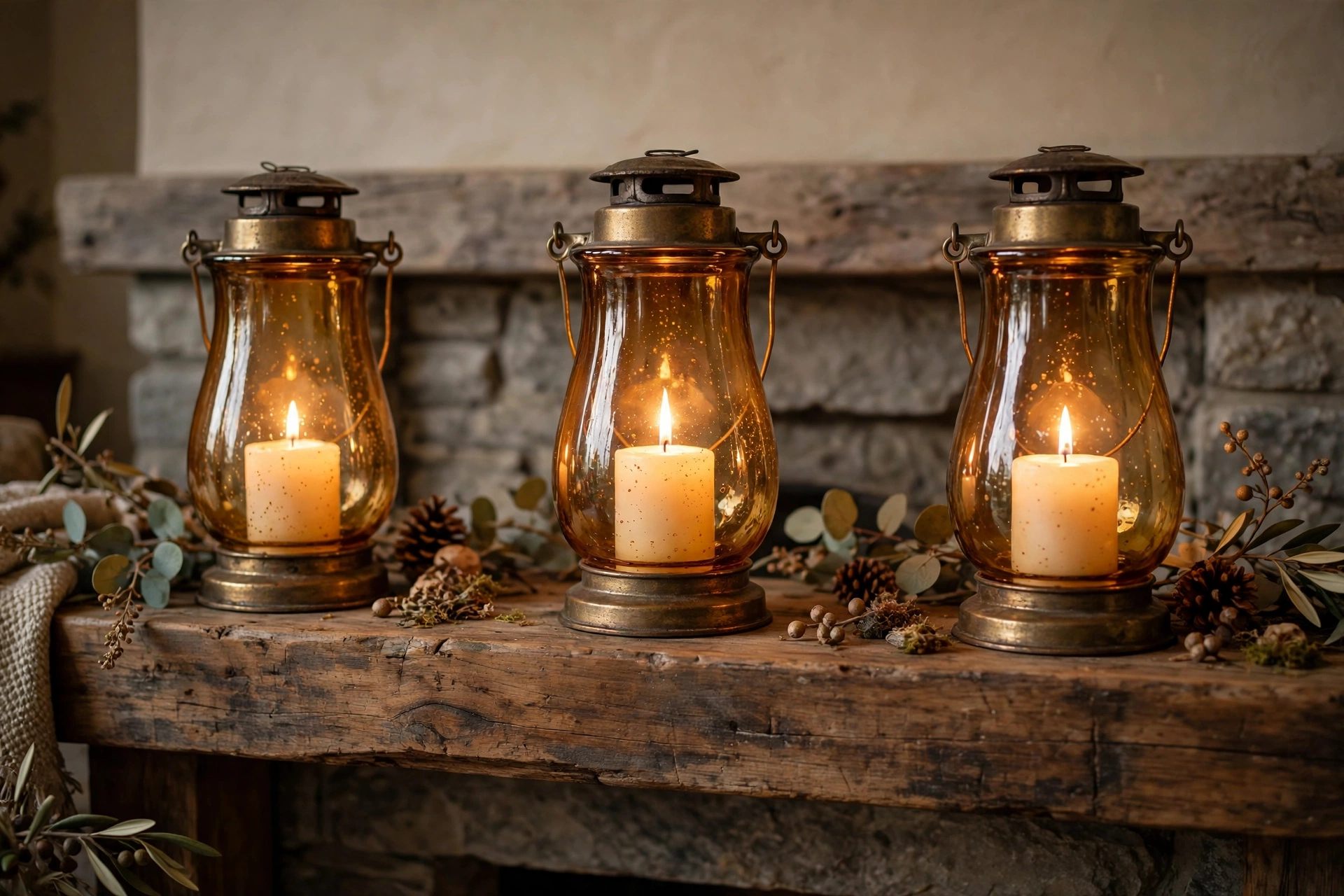 Pillar candle glowing inside an amber glass hurricane