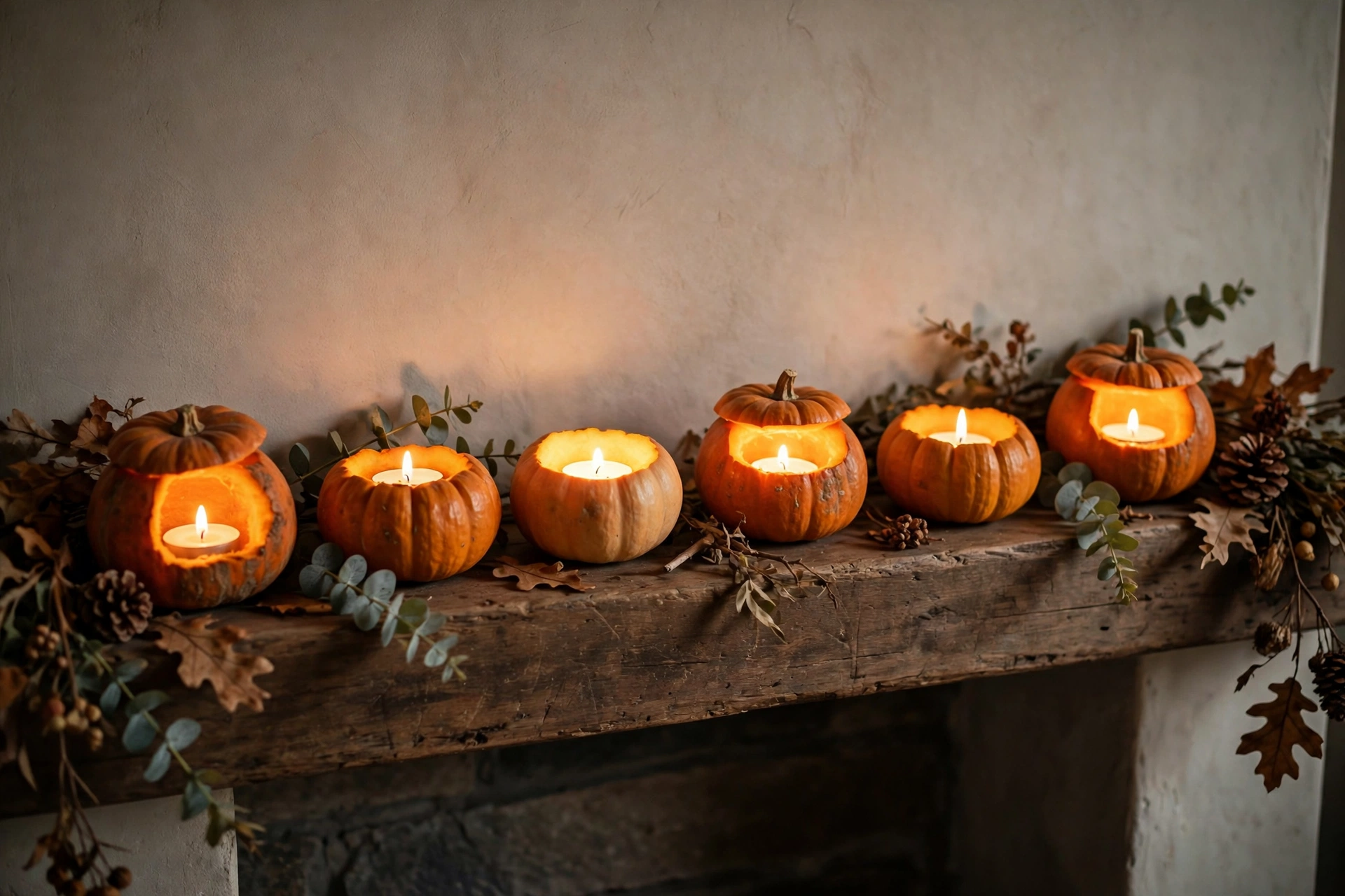 Mini pumpkins hollowed out and used as tea light candle holders