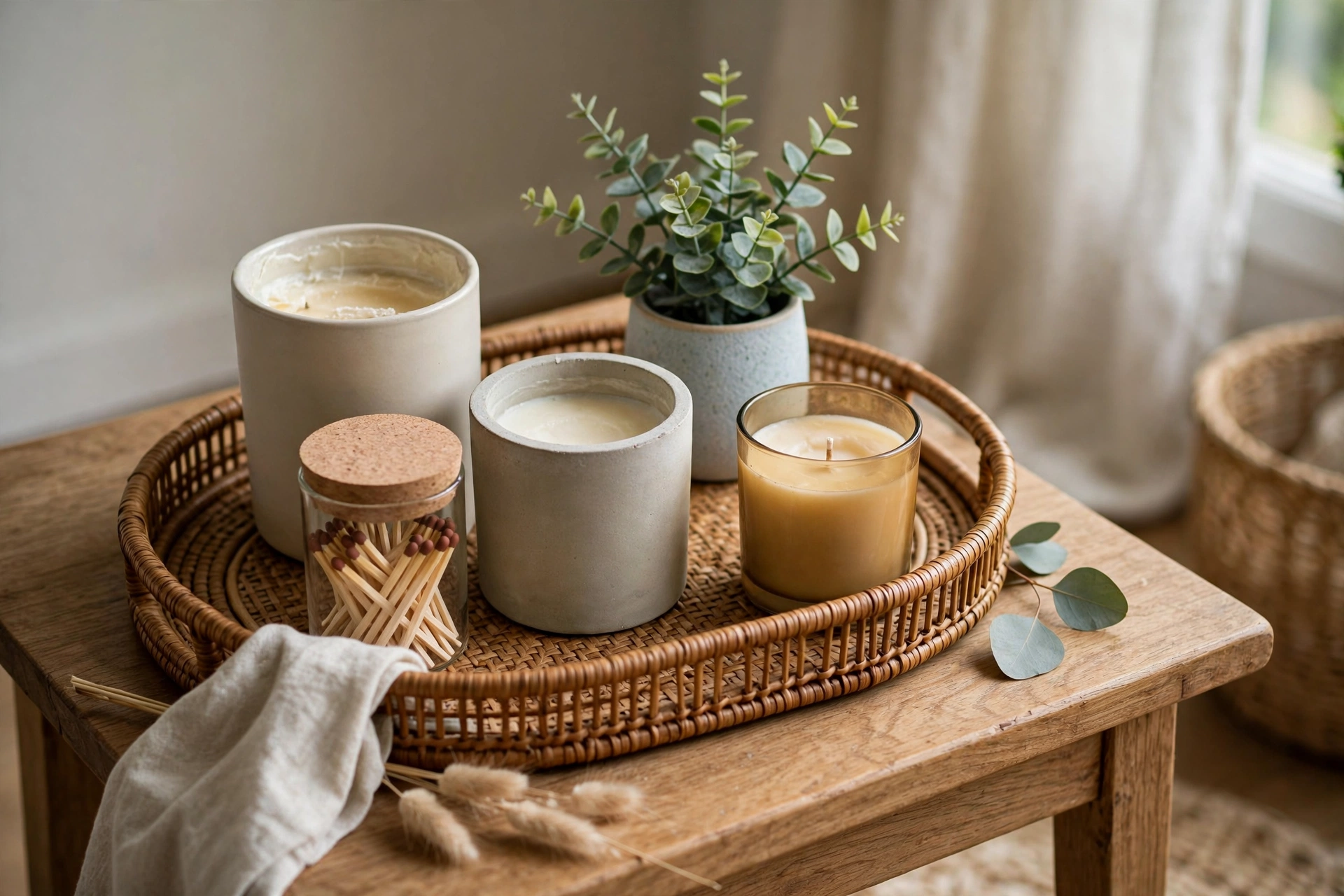Scented fall candles arranged on a tray with matches and a candle snuffer