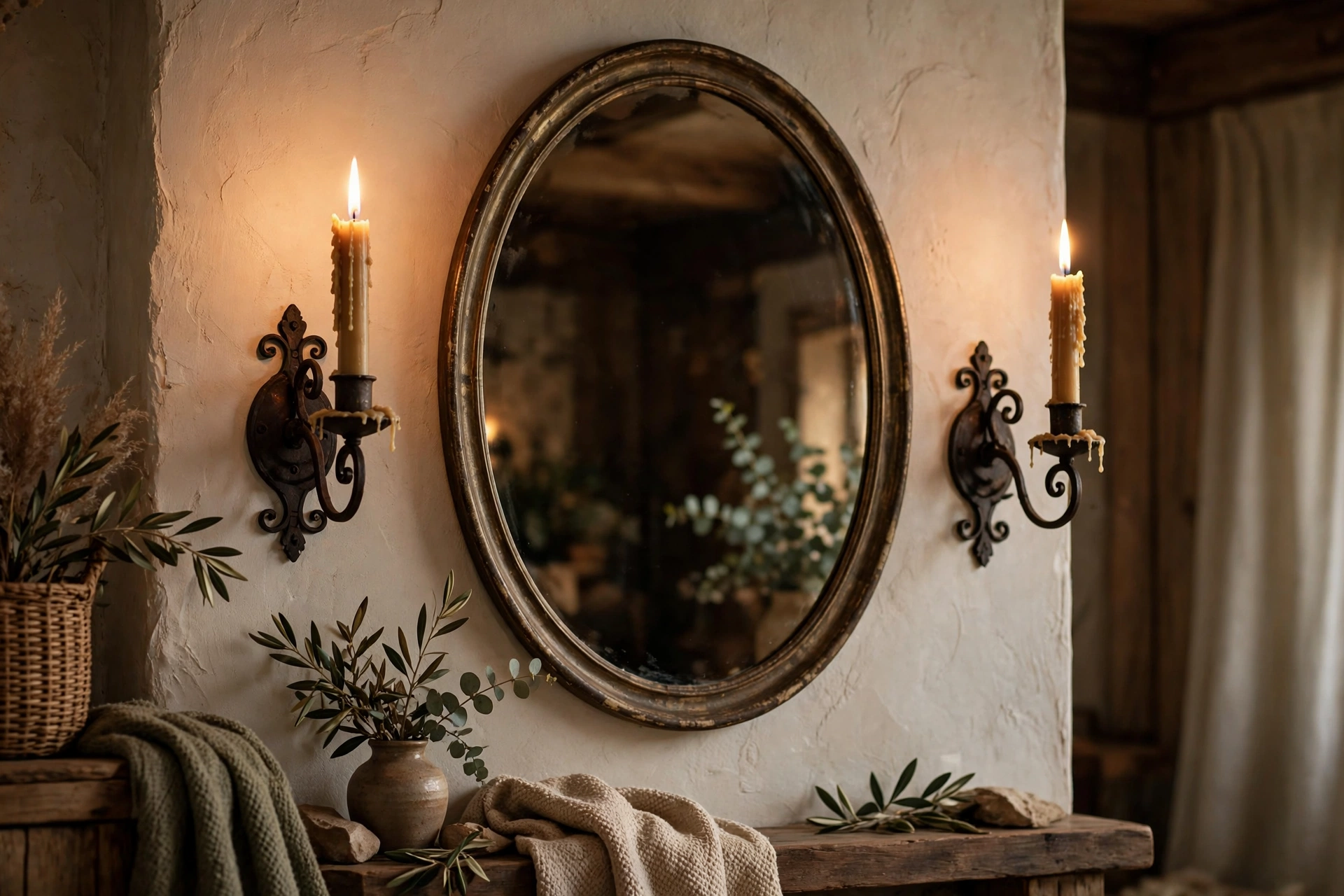 Wall candle sconces glowing beside a mirror