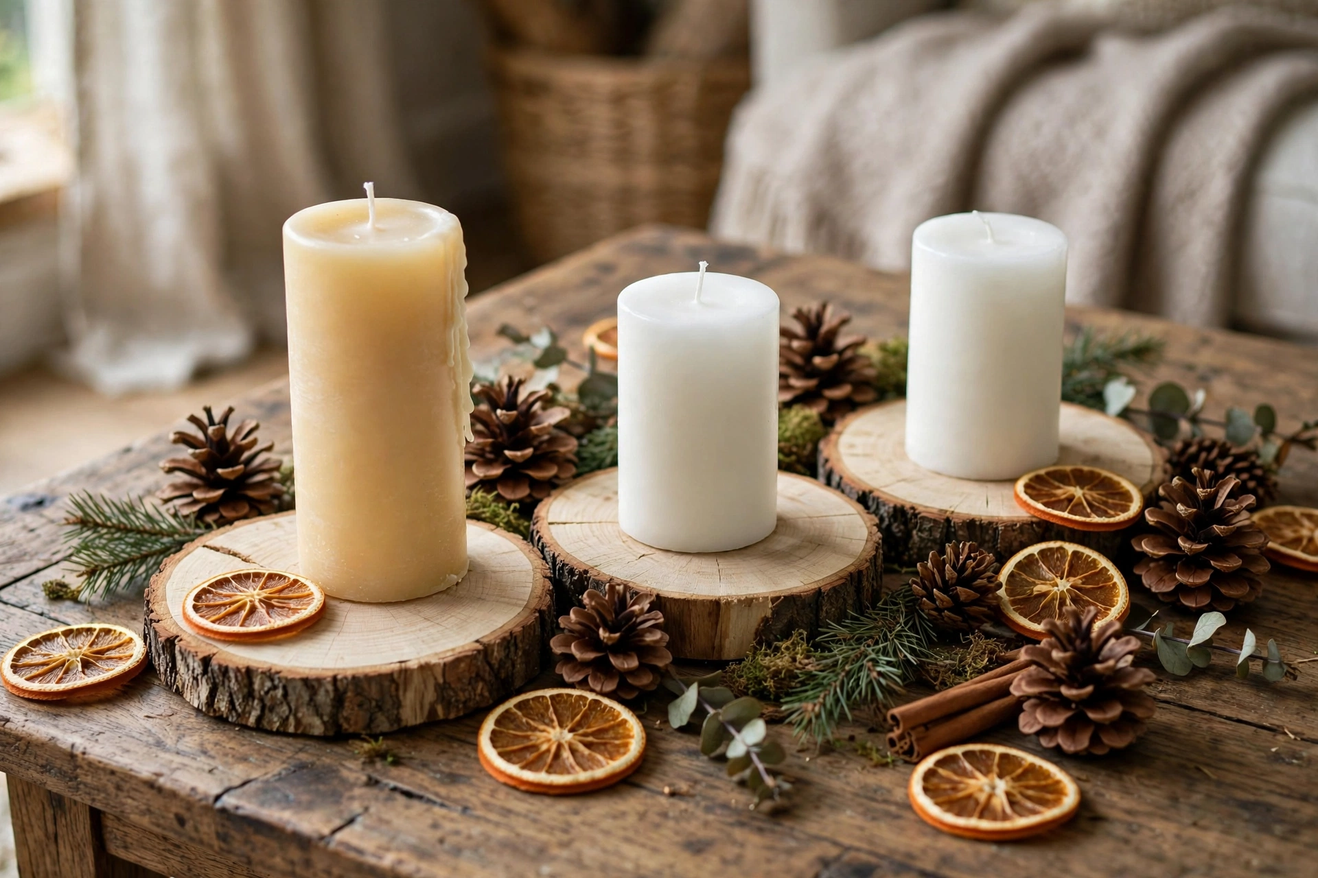 Pillar candle on a rustic wood slice with pinecones and moss