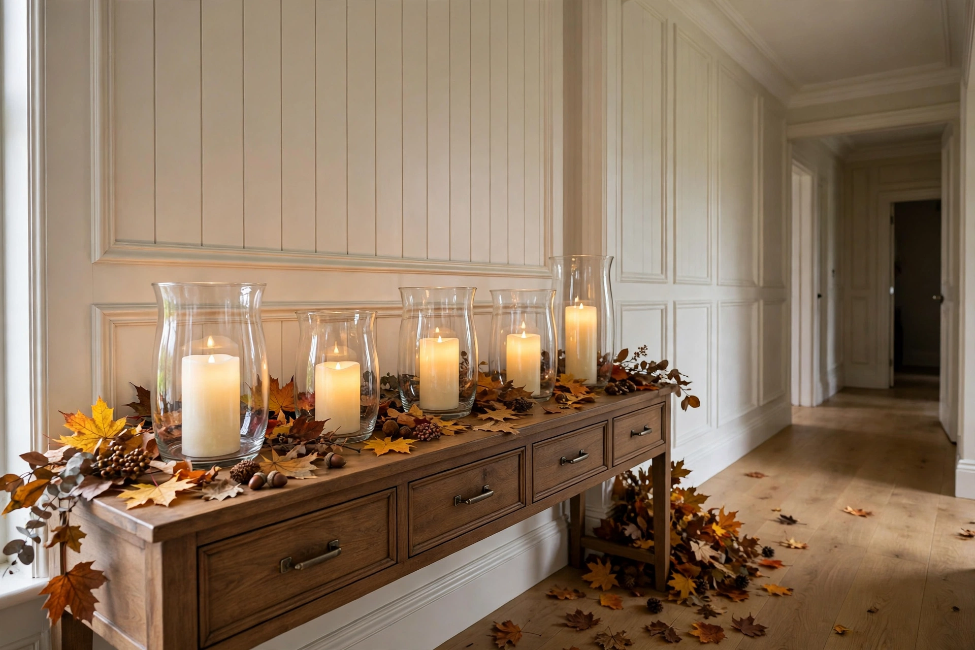 Fall candles lining a staircase and hallway, glowing warmly in glass holders