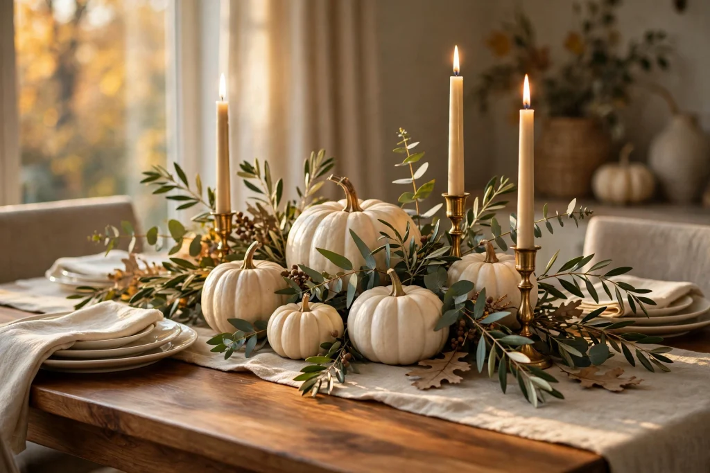 White pumpkin and eucalyptus fall table centerpiece