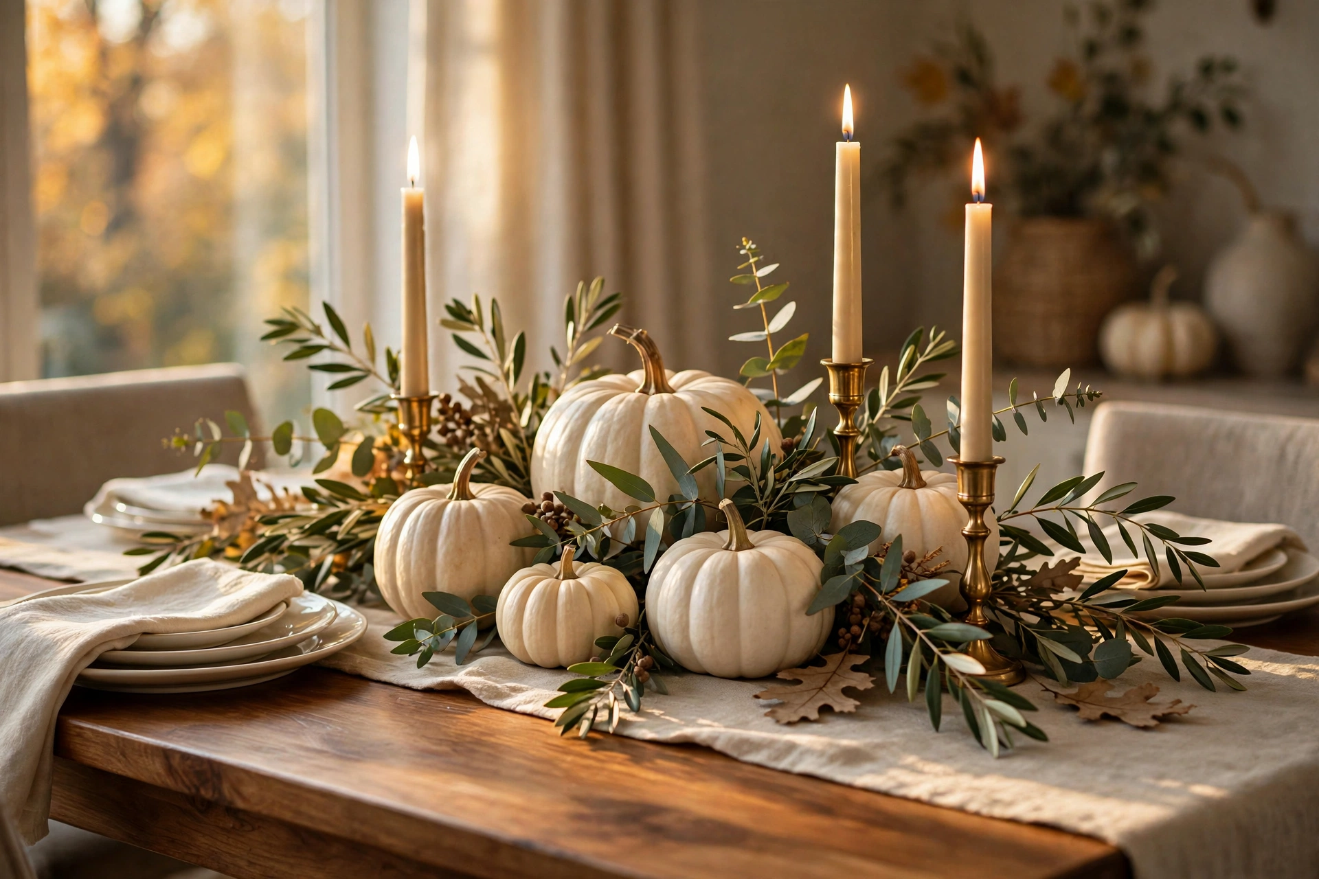 White pumpkin and eucalyptus fall table centerpiece