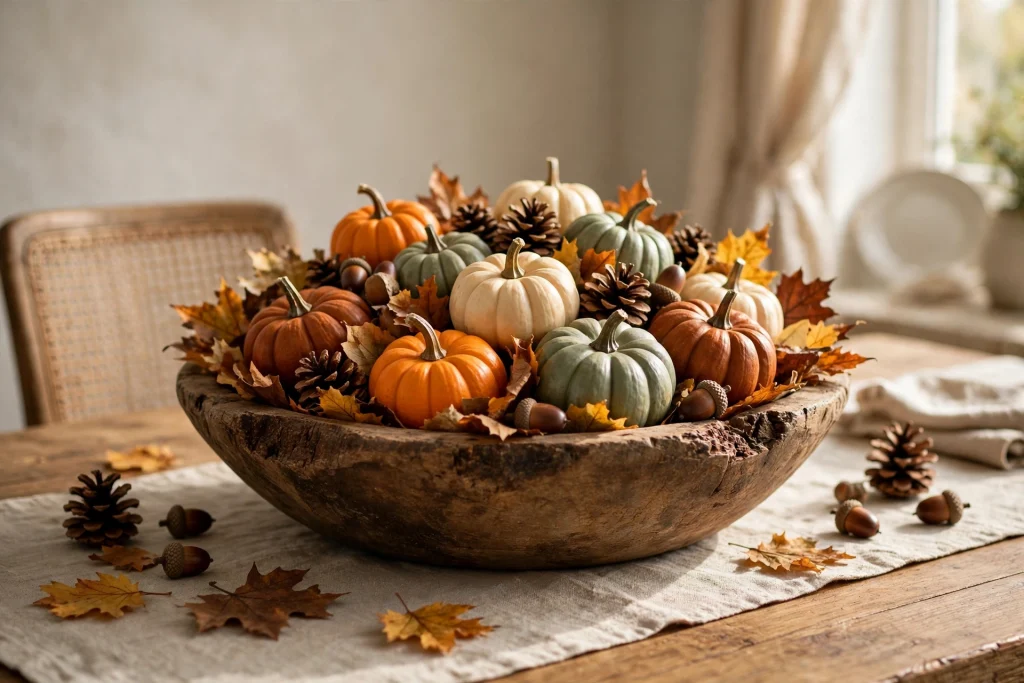 Wooden bowl with mini pumpkins as a fall centerpiece