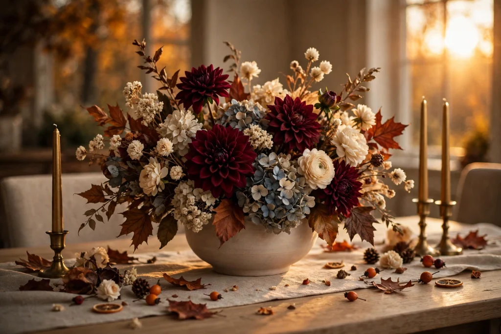 Burgundy flower fall table centerpiece