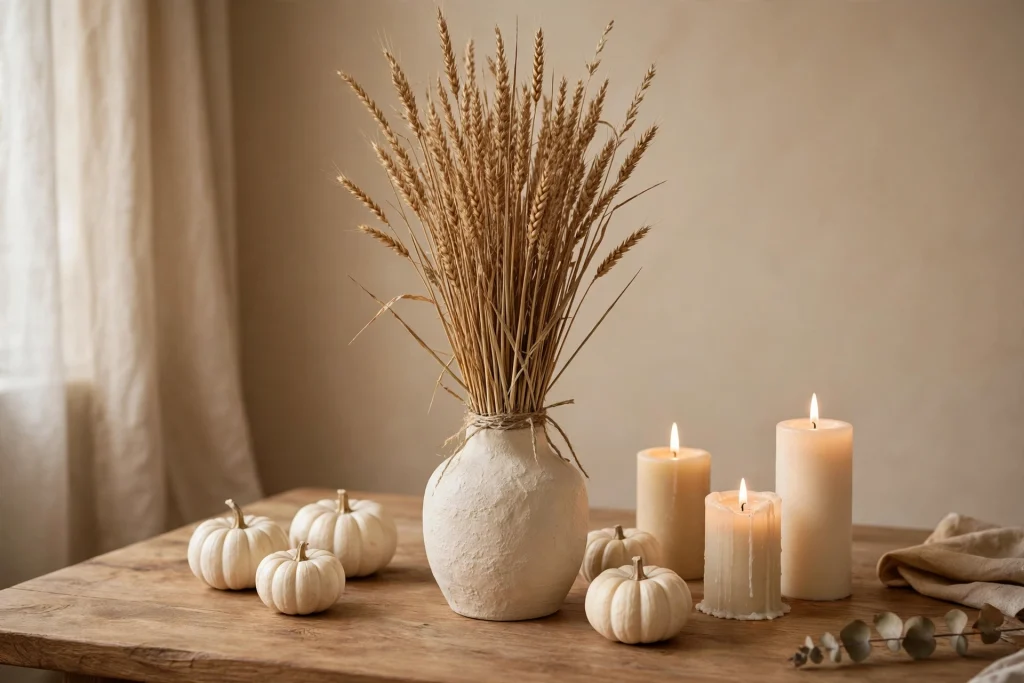 Dried wheat fall centerpiece in a ceramic vase