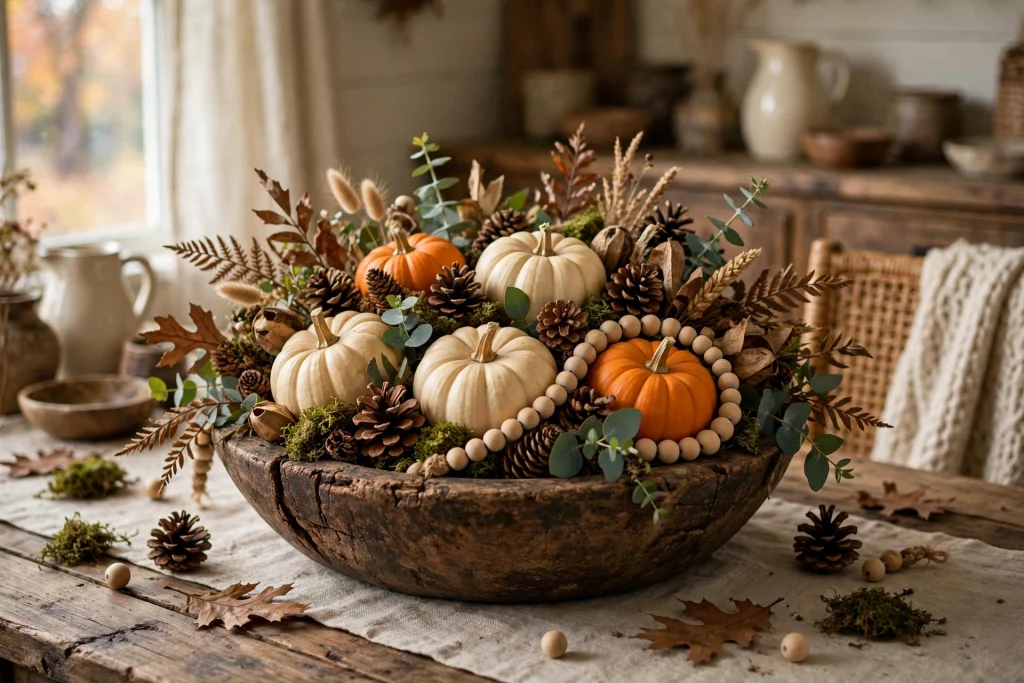 Dough bowl fall table centerpiece with pumpkins