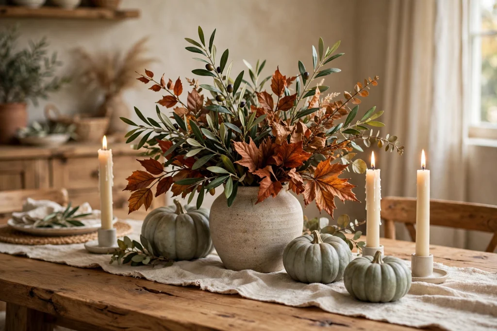 Olive green and rust fall centerpiece