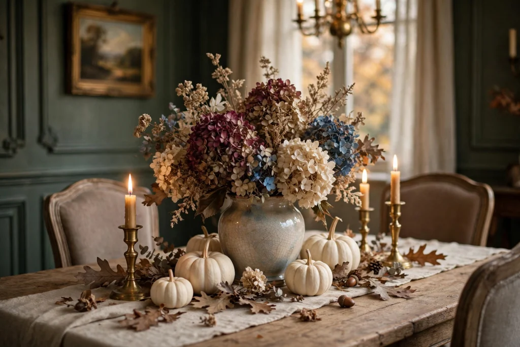 Dried hydrangea fall table centerpiece