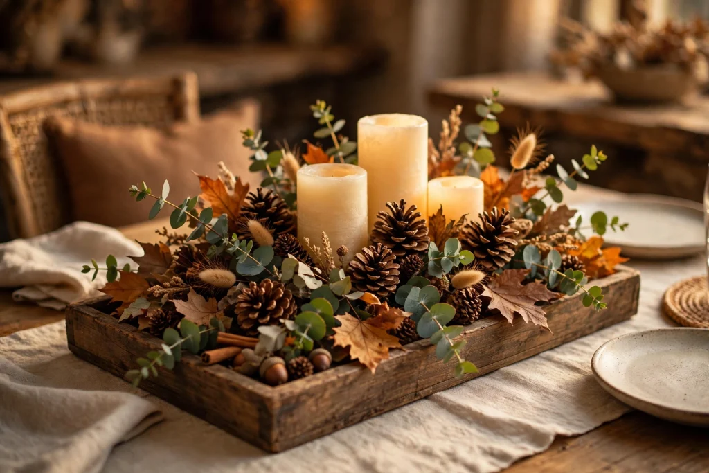 Candle and pinecone fall centerpiece