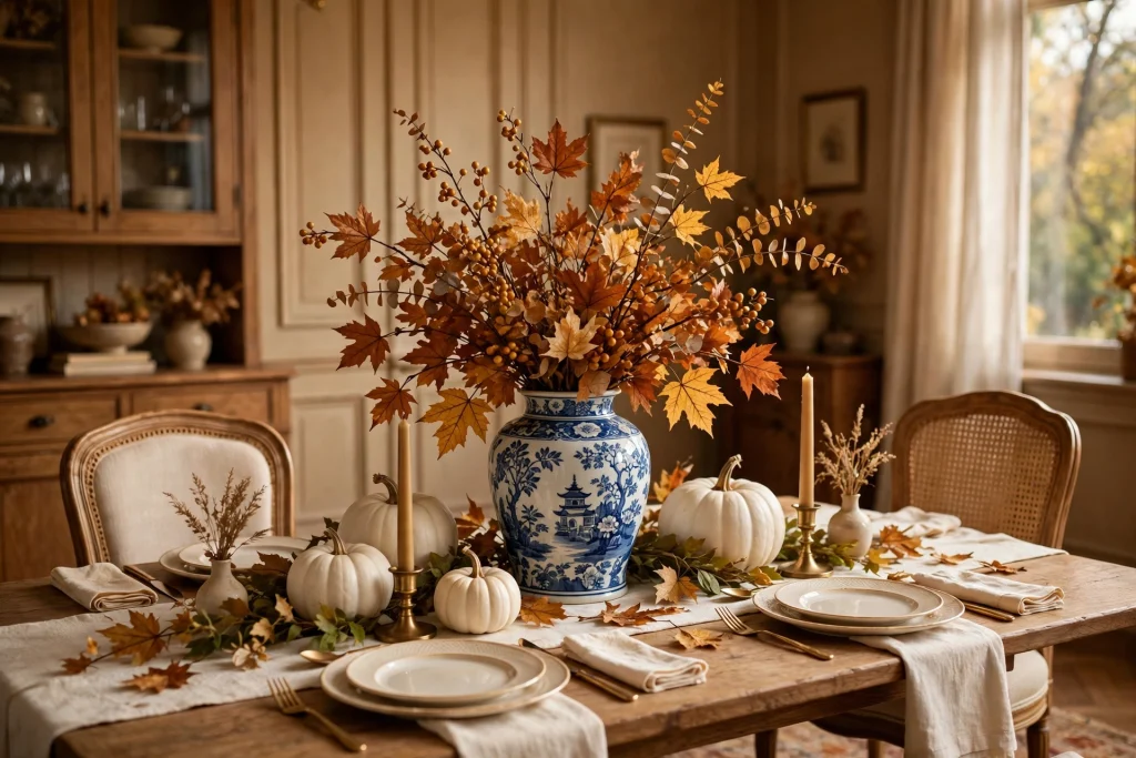 Blue and white fall table centerpiece with chinoiserie vase