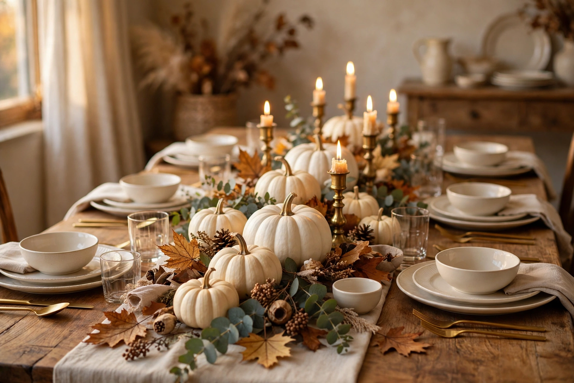 Fall dining table with white pumpkins and eucalyptus centerpiece