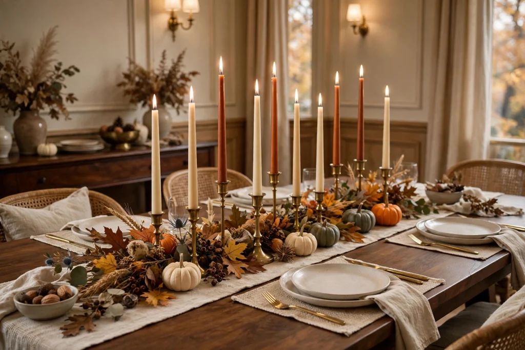 Tall taper candles in brass holders on a fall dining table