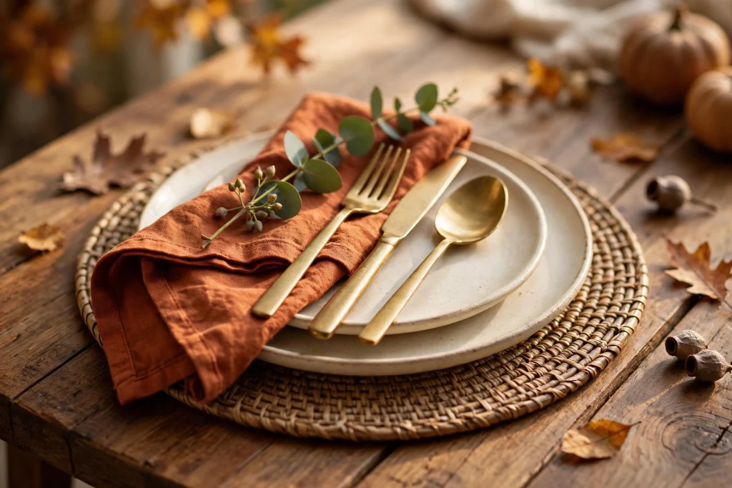 Fall place setting with rust linen napkin and brass flatware