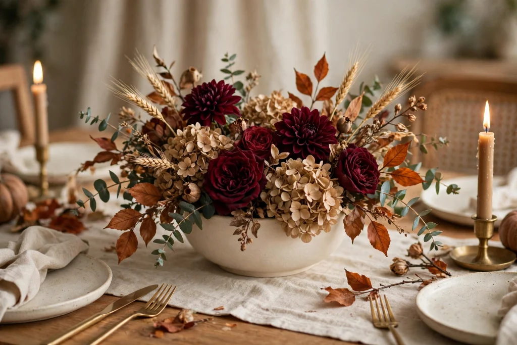 Low fall floral centerpiece with burgundy flowers