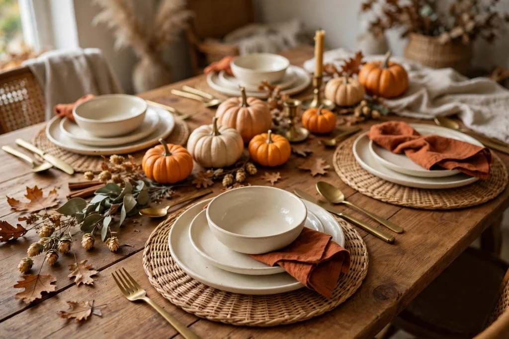 Woven placemats on a cozy fall dining table